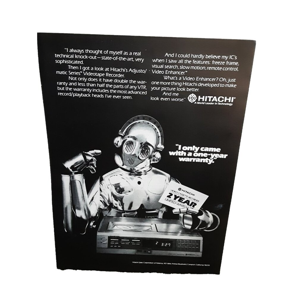 1981 Hitachi VCR Ad Robot Chrome Sci-Fi Adjustomatic Video Recorder Print Ad